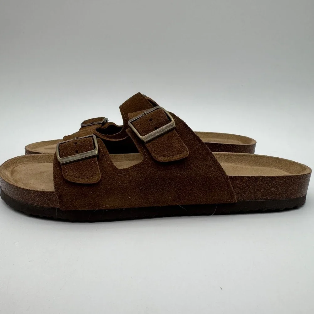 Khombu Asheville Brown Suede Double Buckle Slide Sandals Women's Size 9